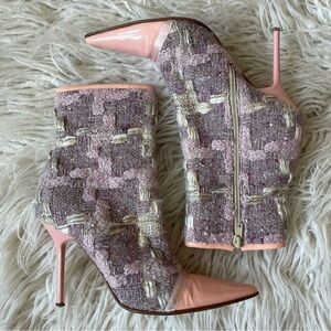 Casadei Purple Tweed Pink Patent Leather Pointed Cap Toe High Heeled Bootie Sz 6